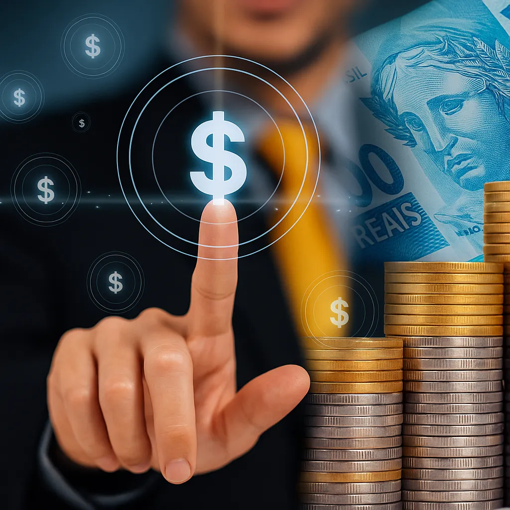 Empresário tocando ícone digital de cifrão com moedas empilhadas ao fundo, representando o serviço de recuperação de crédito da NGV Contabilidade em Indaiatuba.