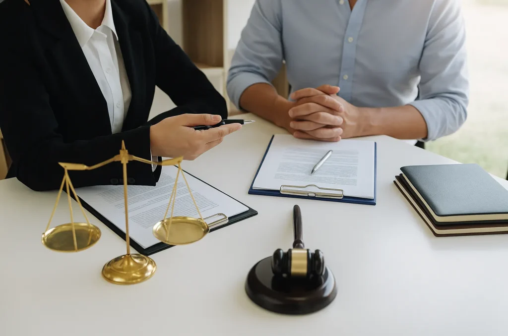Profissionais em reunião jurídica e contábil, com balança da justiça e documentos sobre a mesa, representando a assessoria jurídica contábil da NGV em Indaiatuba.