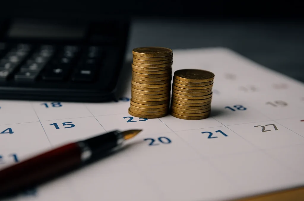 Moedas empilhadas sobre um calendário e calculadora, representando o planejamento tributário realizado pela NGV Assessoria Contábil em Indaiatuba.