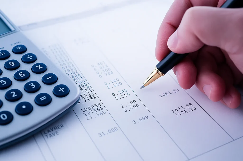 Profissional de RH calculando folha de pagamento com planilhas e calculadora, representando o serviço de gestão de RH e folha de pagamento da NGV Contabilidade em Indaiatuba.